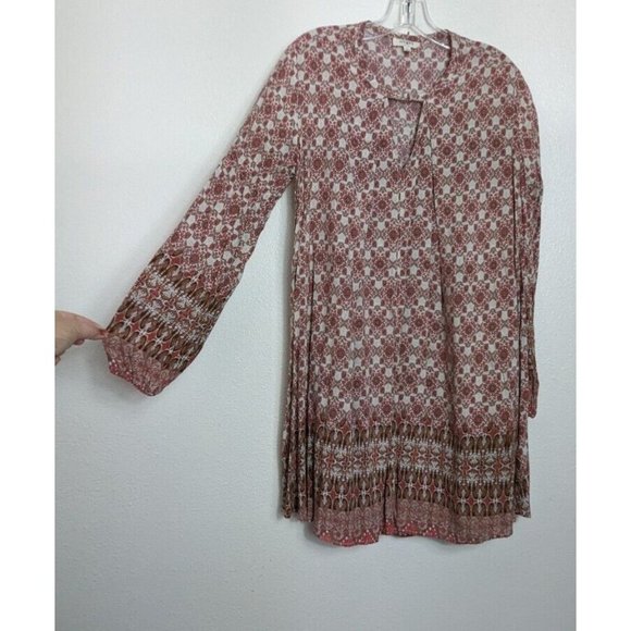 UMGEE Small BOHO Dress Shift Balloon Long Sleeve Neutral Earthy Pink Brown Flowy - Picture 1 of 13